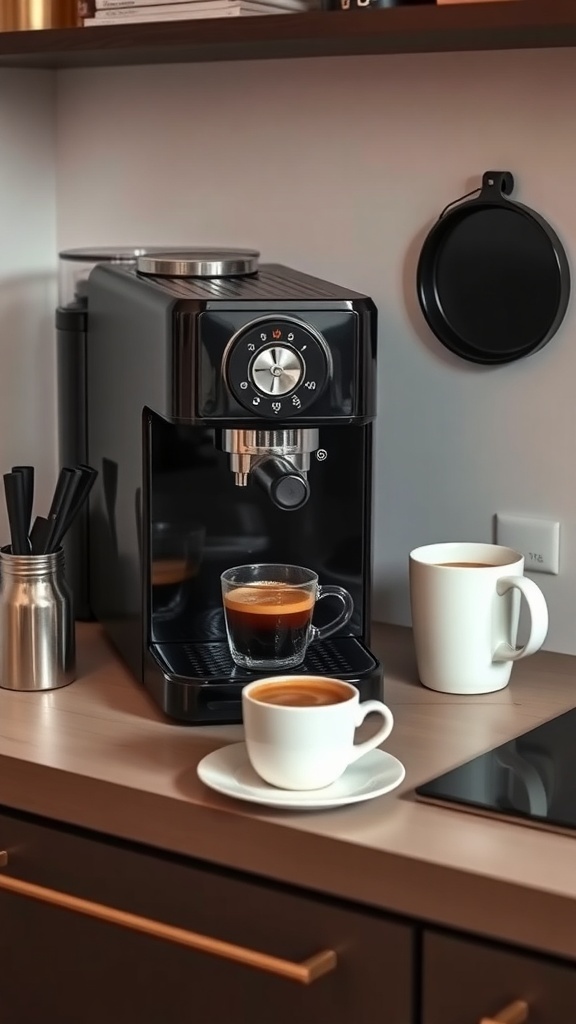 A compact espresso machine on a kitchen counter with two cups of coffee.
