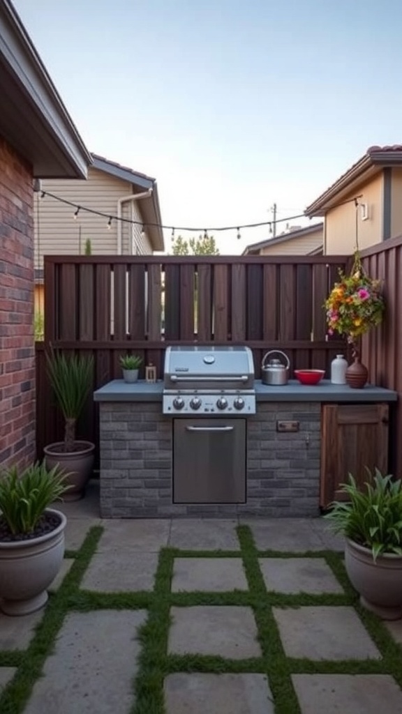 A compact outdoor grill setup in a small backyard, featuring a sleek grill, countertop, and potted plants.