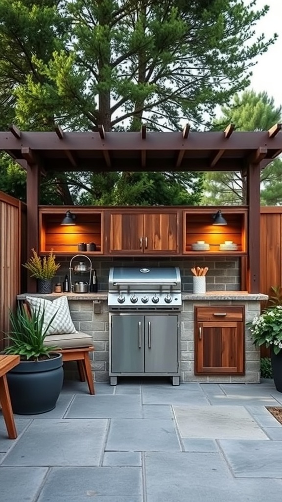 Compact outdoor grill station with wooden cabinetry and stainless steel grill