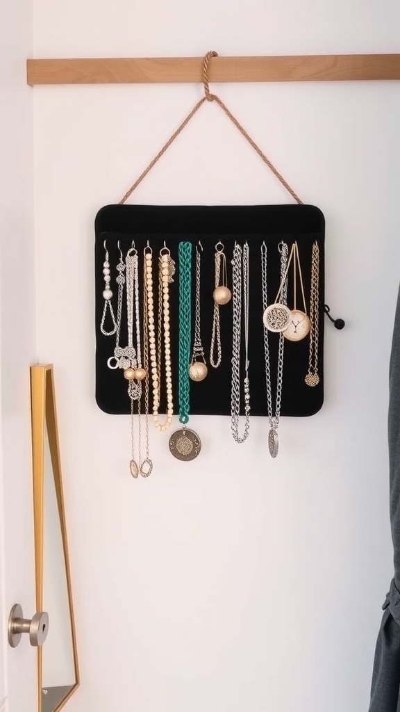 Wall-mounted jewelry holder displaying various necklaces and pendants.