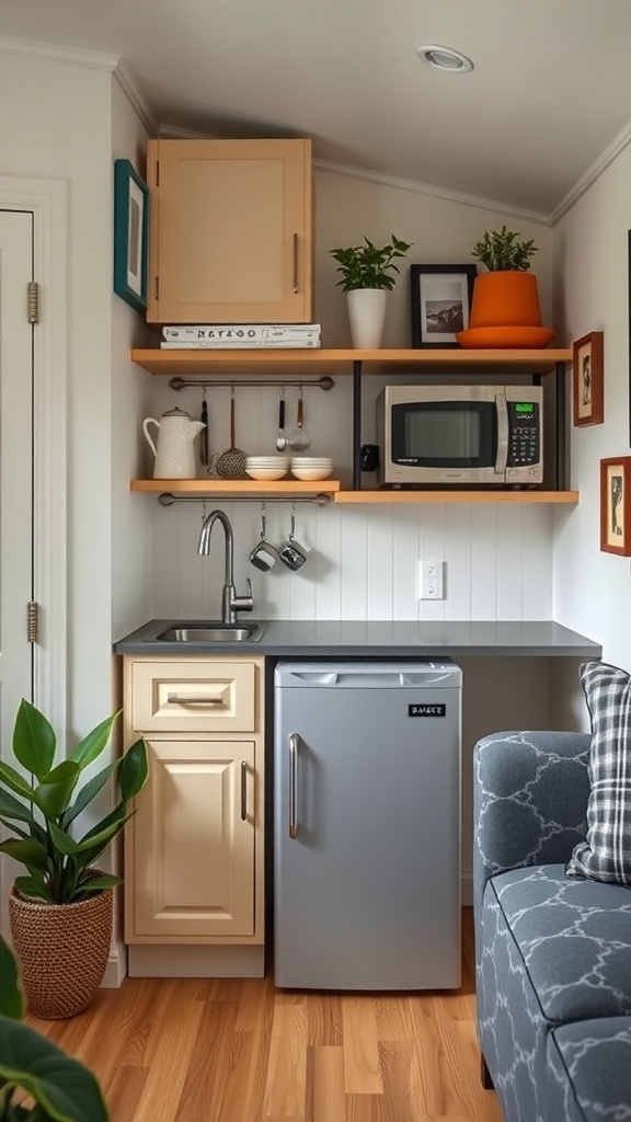 A compact kitchen setup featuring a mini fridge, microwave, and small sink with open shelving and plants.