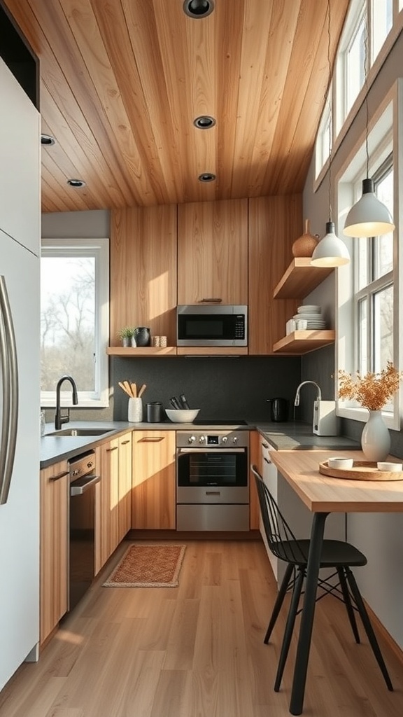 Eine kompakte, moderne Küche in einem Tiny House mit Holzverkleidung und großen Fenstern.