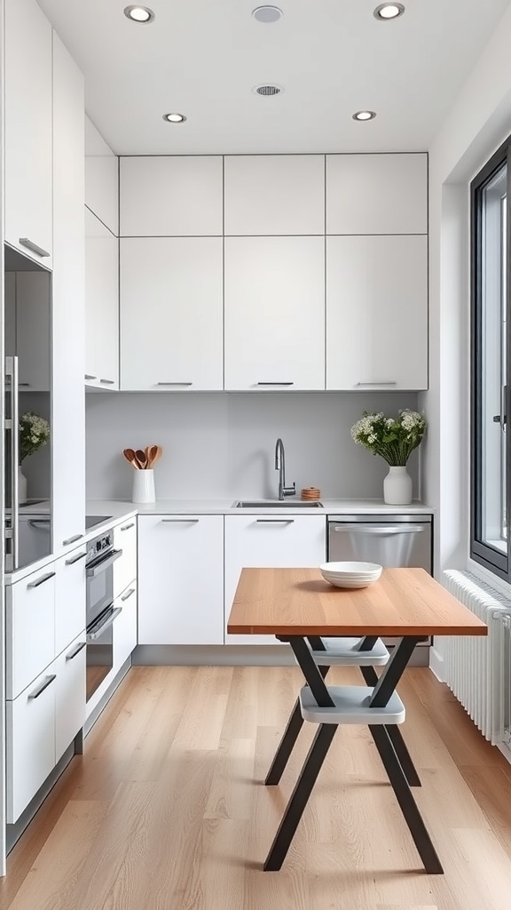 A modern compact kitchen with white cabinets, a wooden table, and a sleek design.