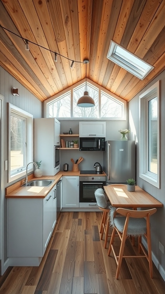 Kompakte Küche mit Holzdetails, modernen Geräten und viel Licht