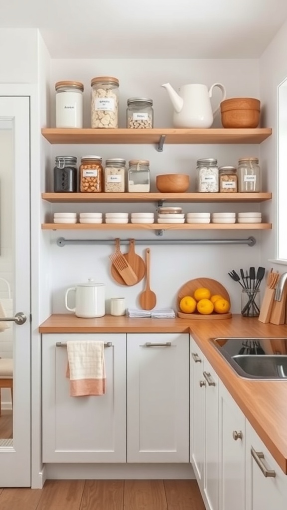 A compact kitchen with organized open shelves displaying jars, bowls, and utensils.
