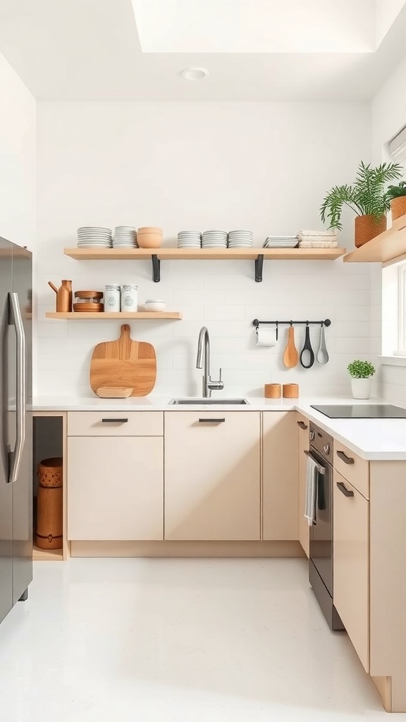 Minimalist kitchen with open shelves and organized utensils.