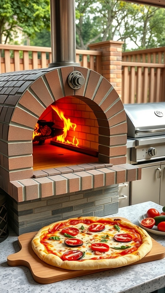 A compact outdoor pizza oven with a pizza topped with tomatoes and basil in front of it.