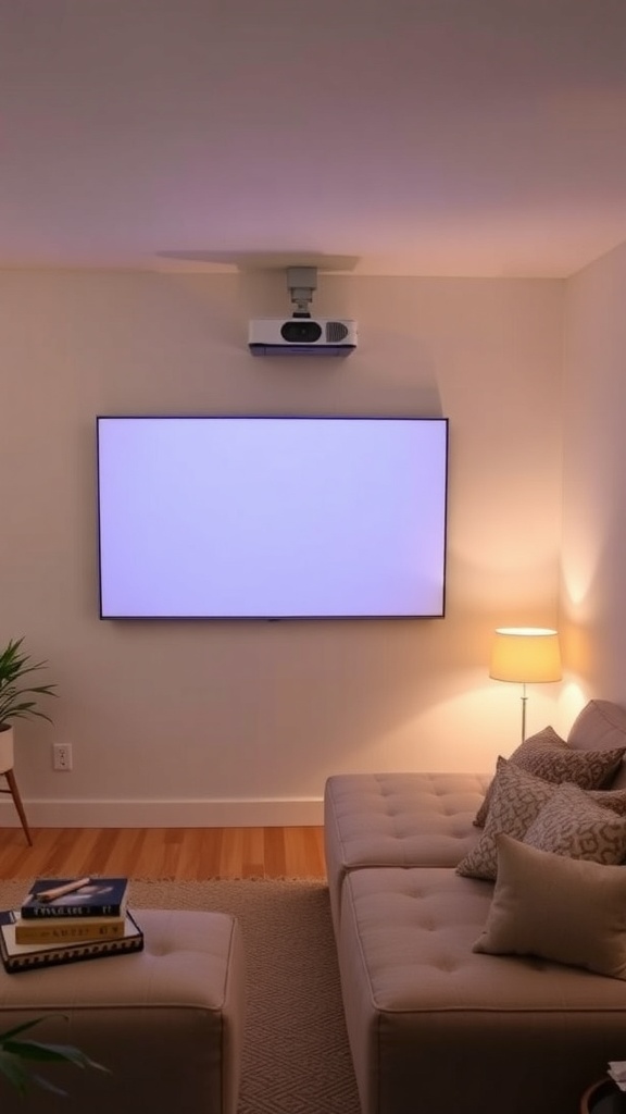 Cozy corner with a projector mounted on the ceiling, projecting onto a large screen, featuring a comfortable couch and warm lighting.