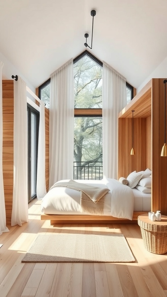 A cozy bedroom featuring large windows, natural wood elements, and a warm atmosphere.