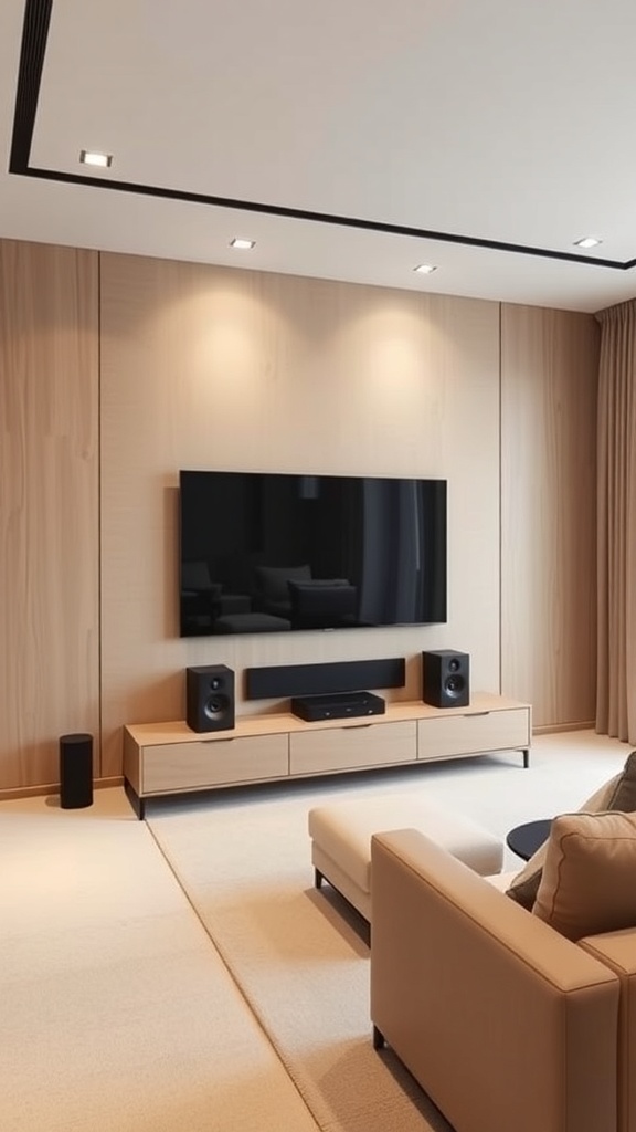 A minimalist home theater setup featuring a wall-mounted TV, sleek sound system, and comfortable seating in a small space.