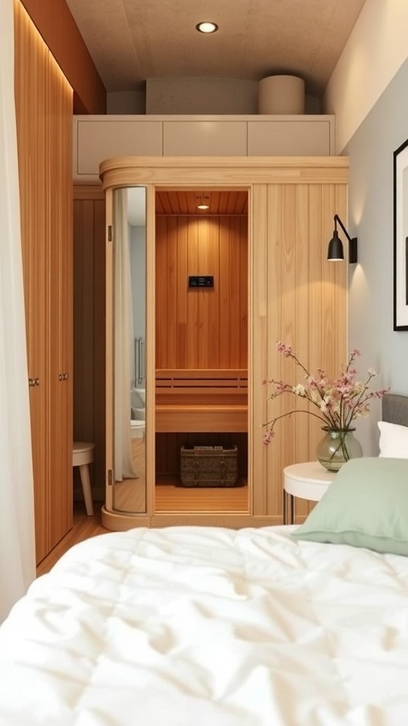 A compact wooden sauna in a cozy bedroom, showcasing a stylish and functional design.