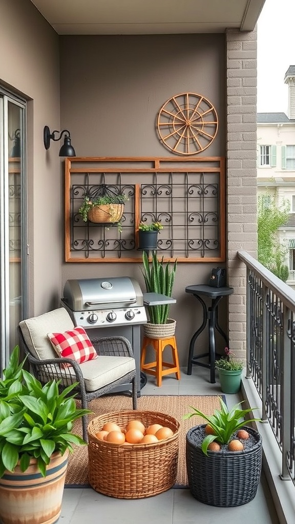 A compact urban balcony grill corner featuring a grill, cozy chair, potted plants, and decorative elements.