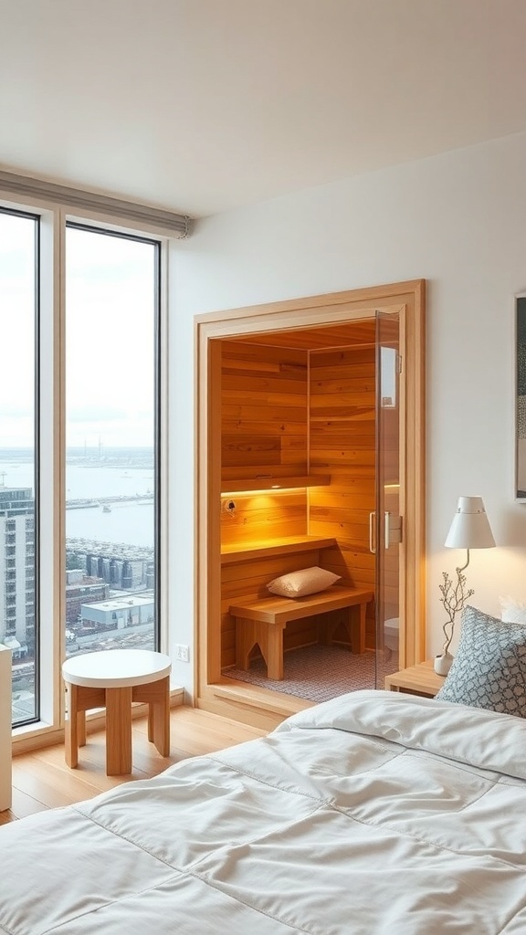 A compact urban sauna integrated into a modern bedroom with large windows and wooden decor.