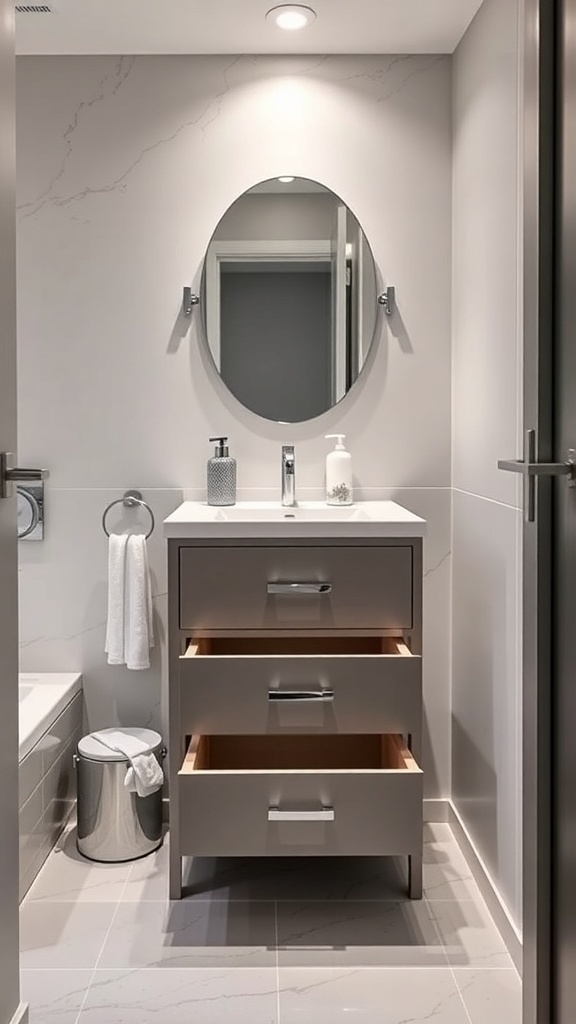 A modern compact bathroom vanity with hidden storage, featuring three drawers and an oval mirror.