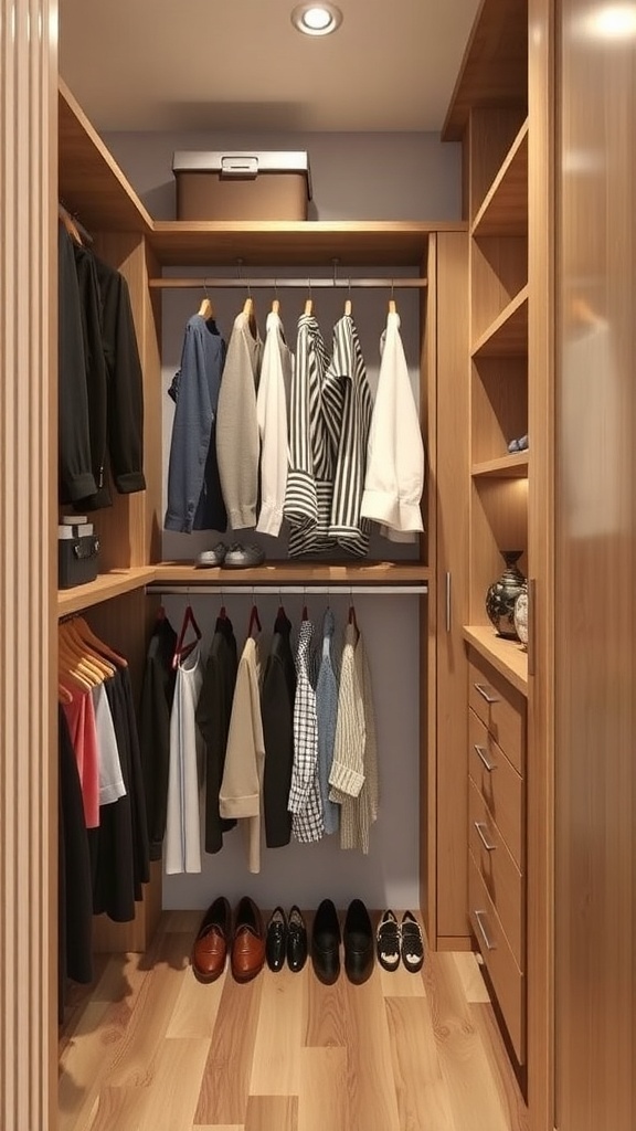 A compact walk-in closet with organized shelves, hanging clothes, and neatly arranged shoes.