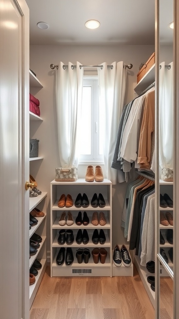 Compact walk-in closet with built-in shoe racks and natural light