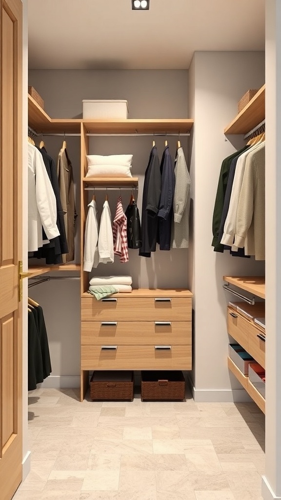 A compact walk-in closet featuring organized shelves, hanging clothes, and drawers.