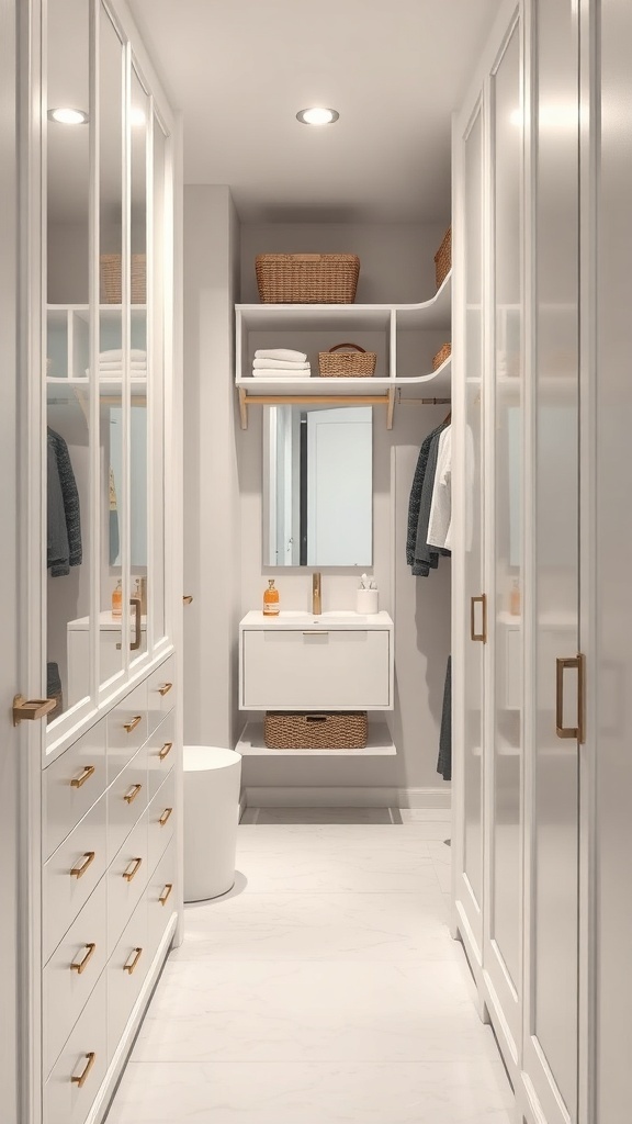 Compact walk-through closet leading to a bathroom with organized shelves and a small vanity.