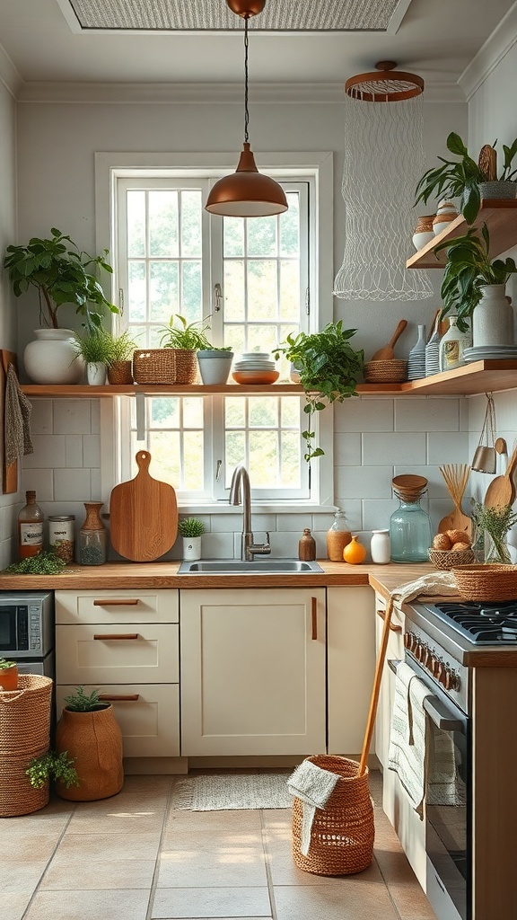 A stylish kitchen featuring compostable home goods, including bamboo utensils and natural fiber baskets.