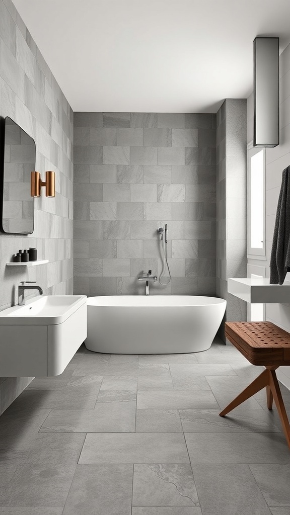 Modern bathroom with concrete flooring and minimalist design elements.