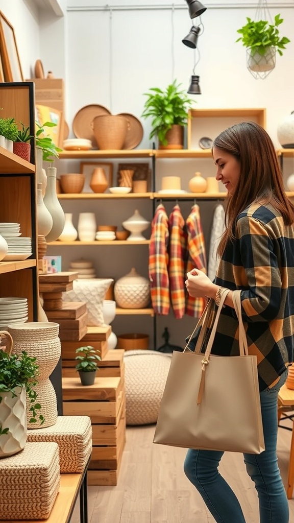 A woman browsing in a stylish home decor store filled with eco-friendly items.