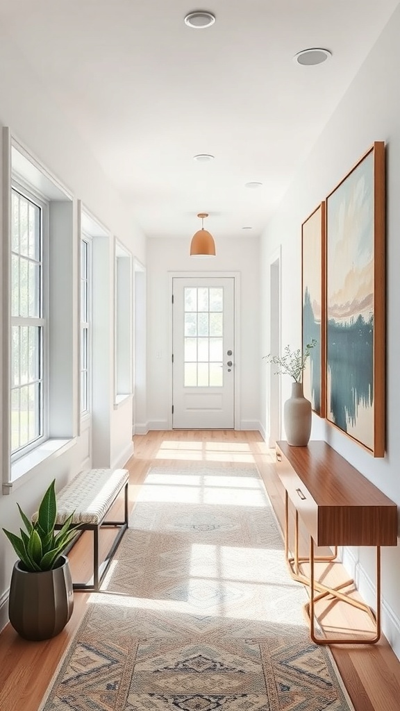 Bright hallway featuring contemporary artwork, a console table, and natural light.