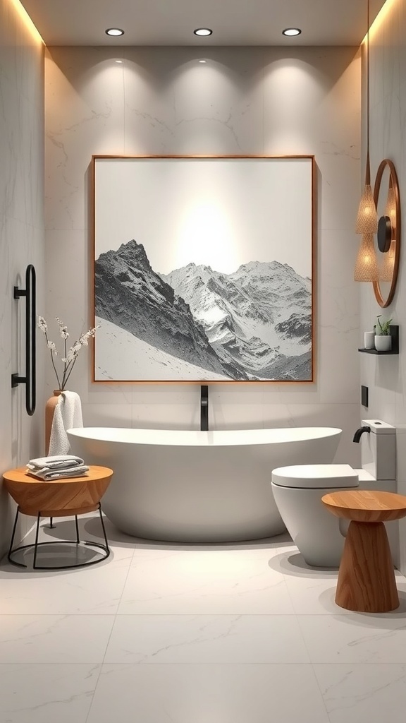 A modern bathroom featuring a large black-and-white mountain landscape artwork, freestanding tub, and wooden accents.