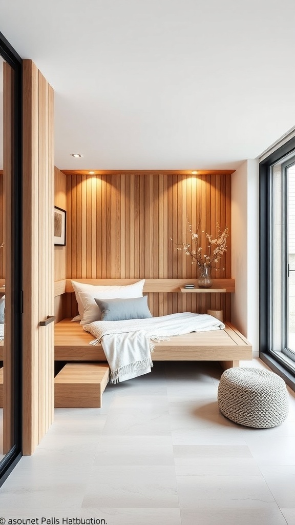 A modern sauna design featuring wooden accents and a black and white color scheme.