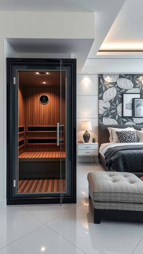 A contemporary black and white sauna with a glass door, placed next to a stylish bedroom featuring a cozy bed and modern decor.