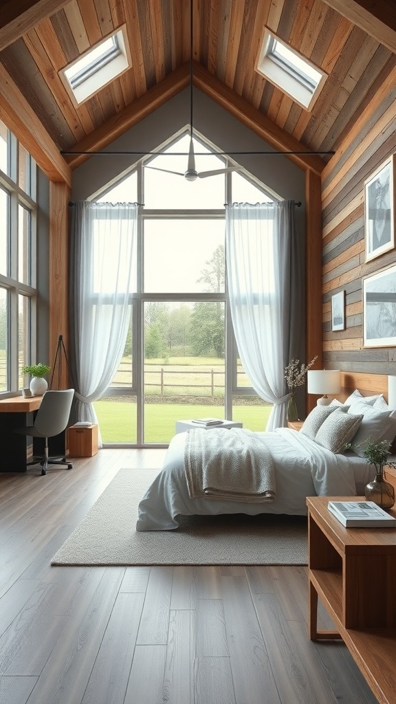 A contemporary farmhouse bedroom featuring large windows, wooden accents, and cozy decor.