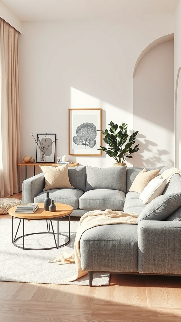 A contemporary living room featuring a grey sofa, light wood coffee table, and artistic decor.