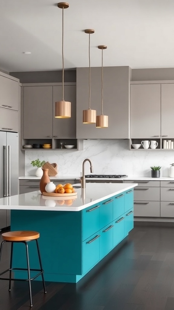 A contemporary kitchen featuring a turquoise island, gray cabinets, and copper pendant lights.