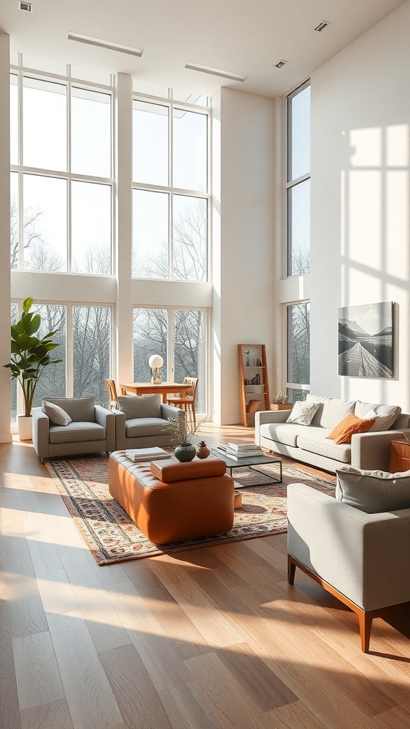 A contemporary open space living room and dining area with large windows, stylish furniture, and a warm color palette.