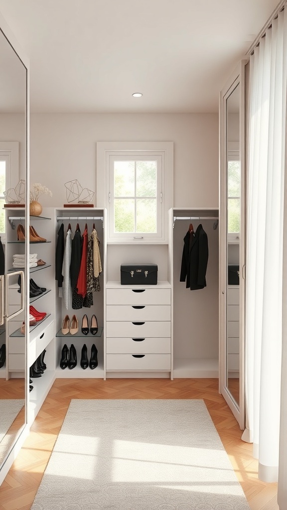 A contemporary walk-in closet featuring glass doors, organized shoe racks, and a bright, airy design.