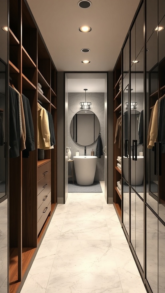 A contemporary walk-through closet leading to a modern bathroom with stylish storage solutions.