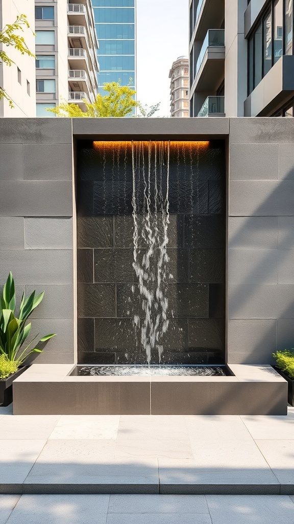 A modern wall fountain with water cascading down a dark stone surface, surrounded by plants and urban buildings.