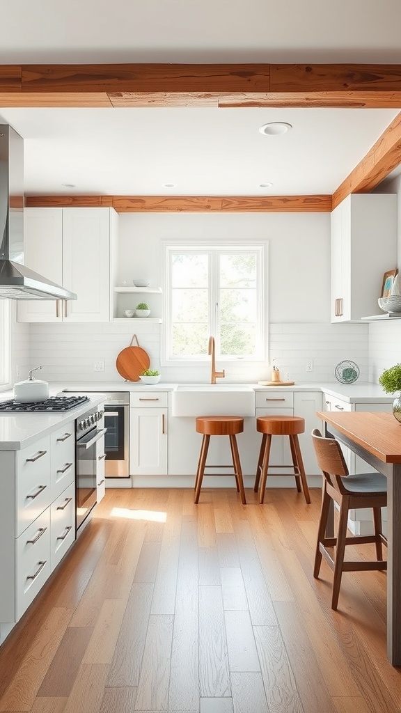 A contemporary kitchen featuring white cabinetry and wooden accents.