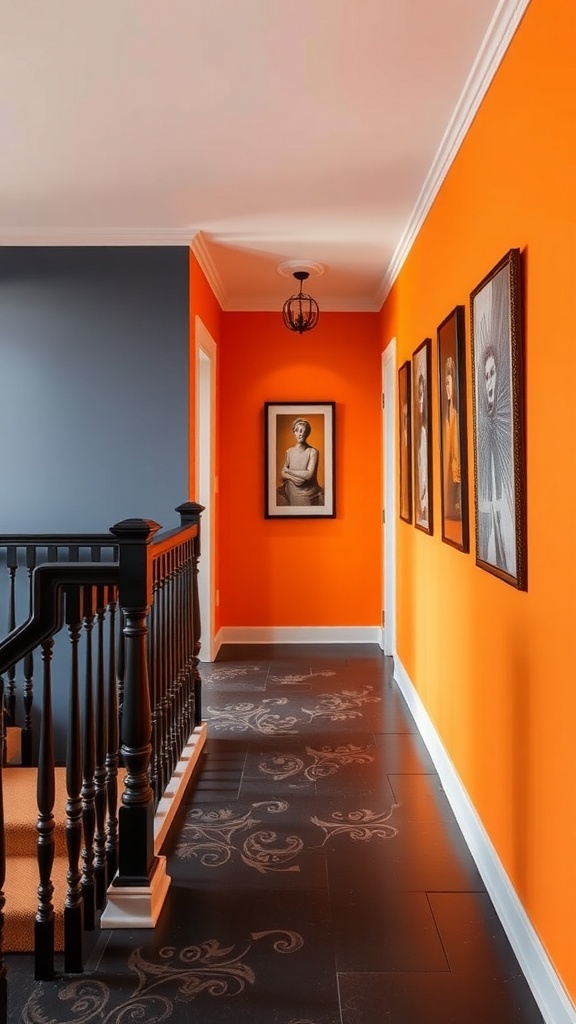 A hallway featuring orange walls, a blue accent wall, and a black bannister with framed artwork.