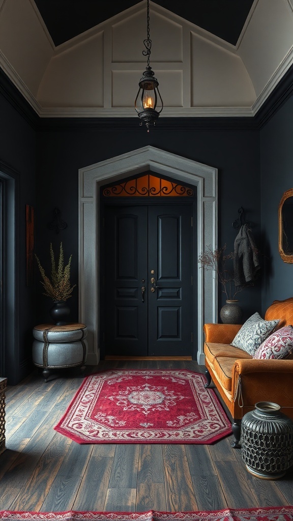 Ein moderner Gothic-Flur mit dunklen Wänden, einer orangefarbenen Couch und einem roten Teppich.