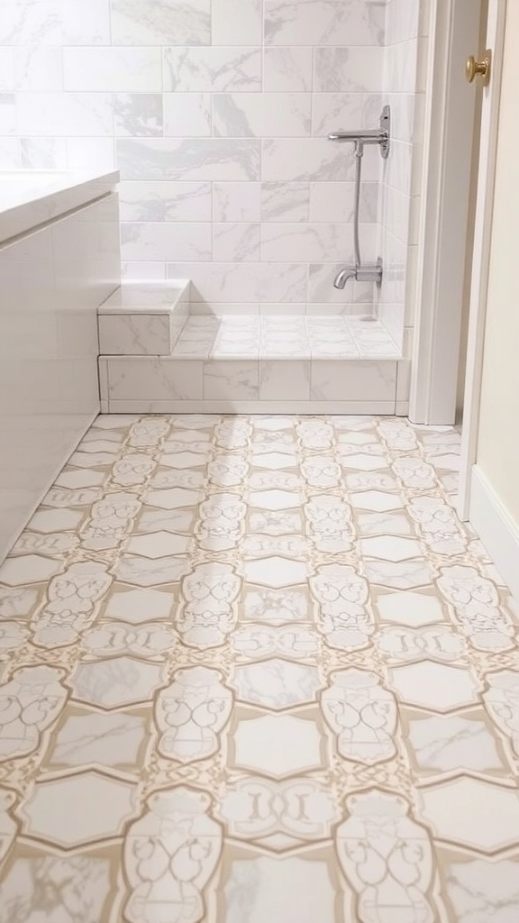 A bathroom floor with intricate tile patterns and contrasting grout lines.
