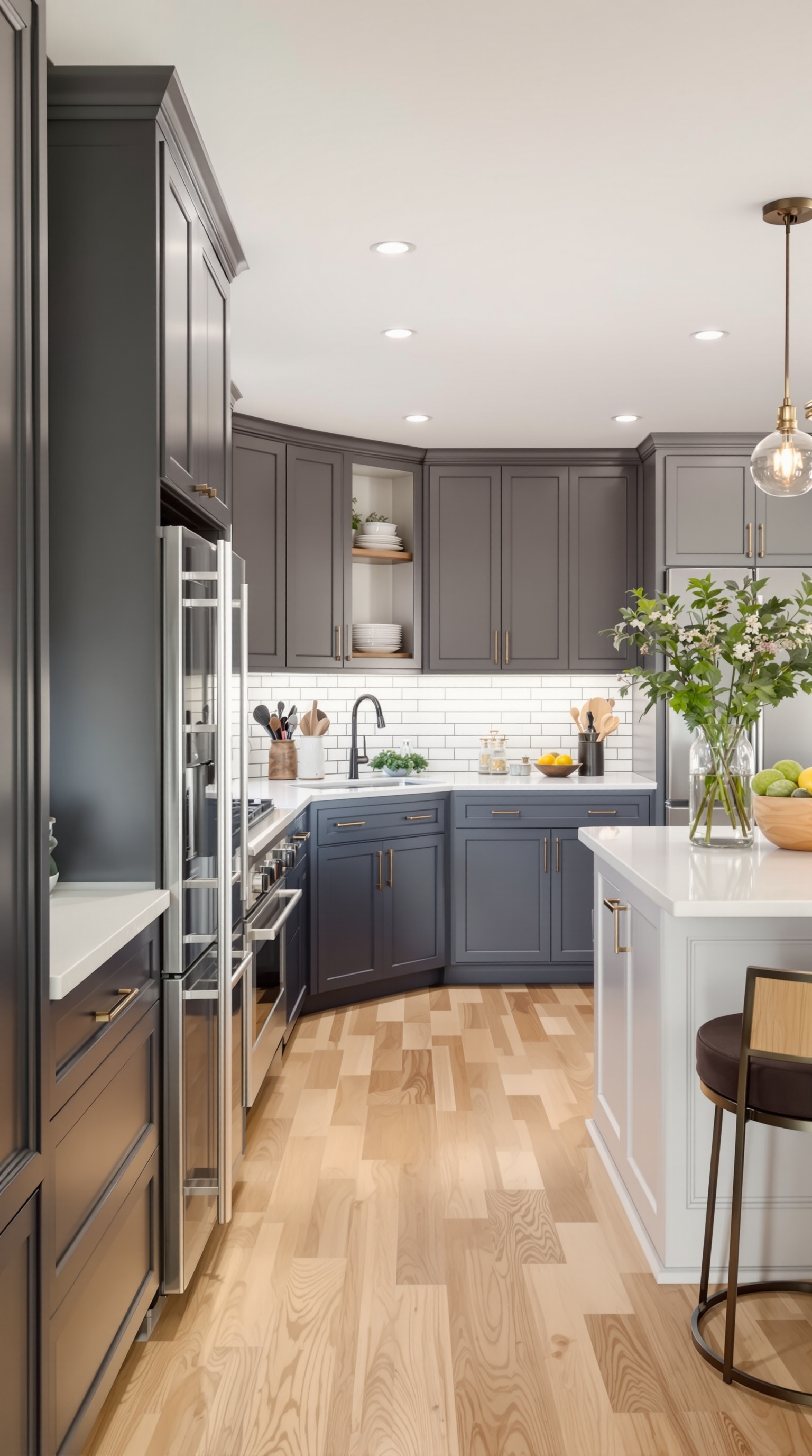 A stylish kitchen featuring a green island and white cabinetry, with pendant lights above.