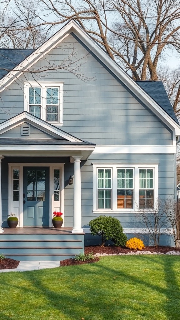 A house painted in cool gray blue with white trim and a welcoming porch.