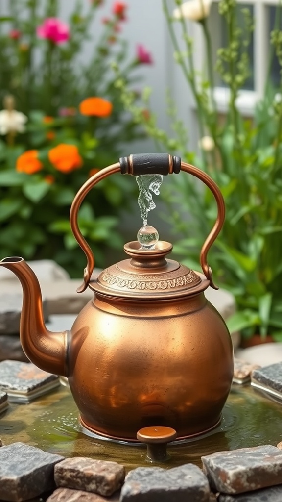 A copper kettle fountain with water flowing from the spout, surrounded by colorful flowers and stones.
