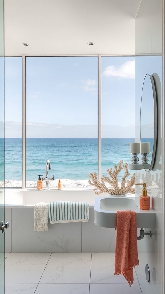 A modern bathroom with a coral accessory, large windows showing the ocean view, and soft towels.