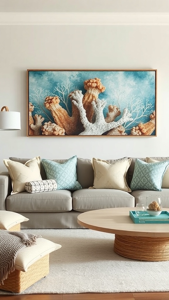 A living room featuring coral reef artwork above a cozy sofa with decorative pillows.