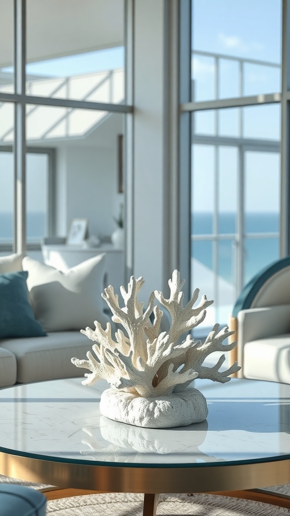 A white coral sculpture on a marble coffee table with a view of the ocean in the background.