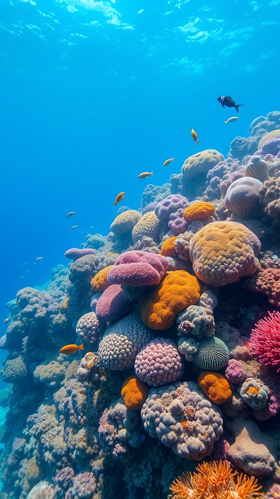 Colorful coral reef underwater scene with various corals and fish