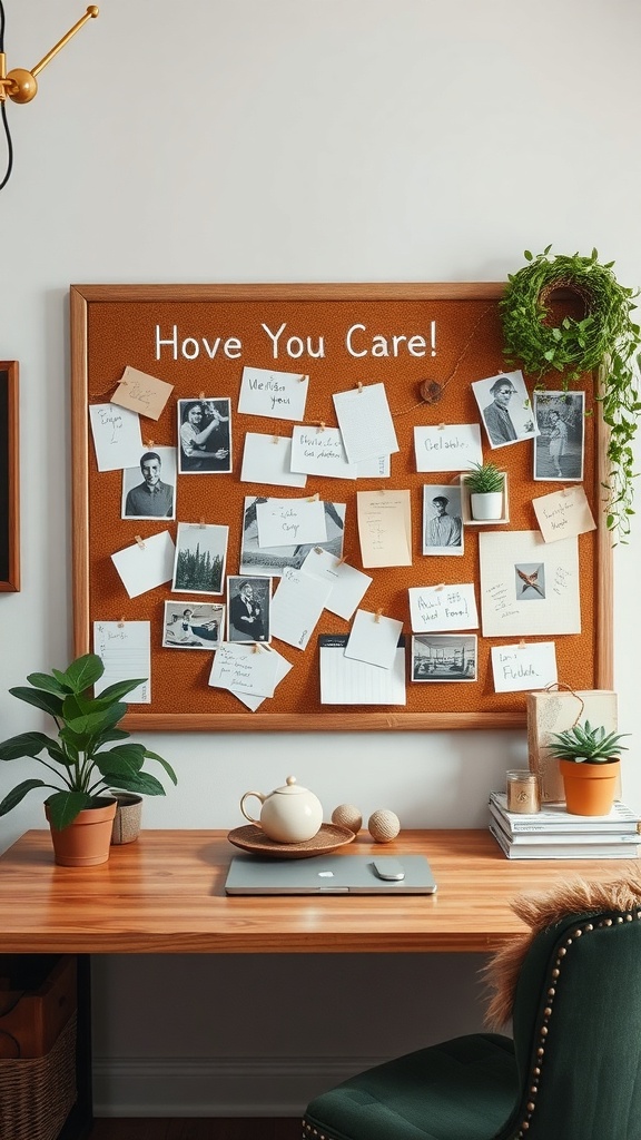 Cork board message center with notes, photos, and plants