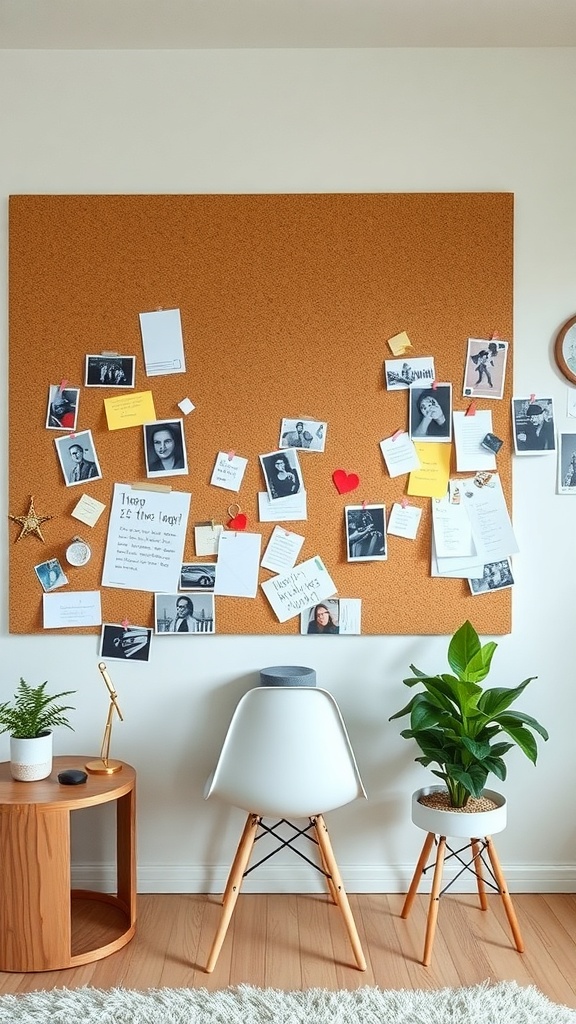 A cork board wall filled with pinned photos and notes, accompanied by a chair and plants.