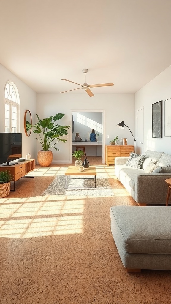 A bright living room with cork flooring, featuring a cozy sofa, plants, and natural light.